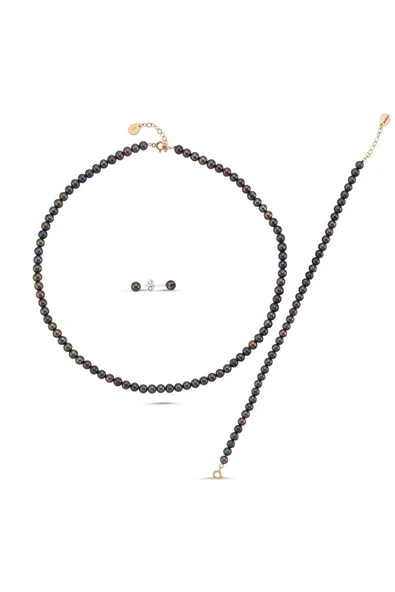 5 mm Siyah Doğal İnci Kolye Bileklik Küpe Üçlü Set - 8