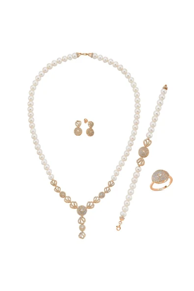 7,5 mm Zirkon Taşlı İnci Kolye Bilelik Küpe Yüzük Dörtlü Set - Resim 2