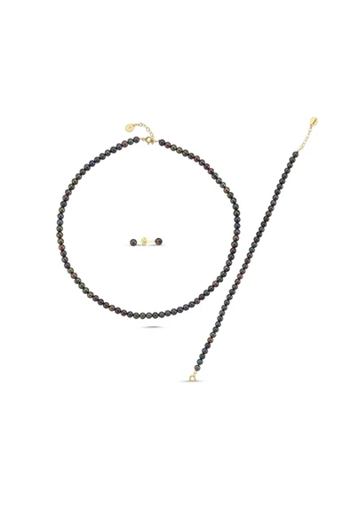5 mm Siyah Doğal İnci Sıralı Kolye Bileklik Küpe Üçlü Set - 5