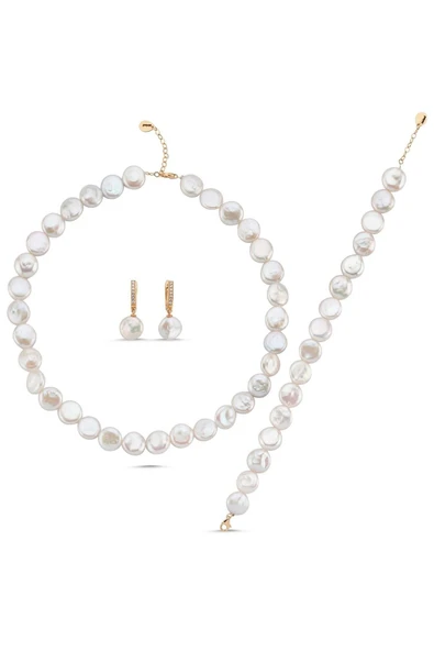 12,5 mm Para İnci Kolye Bileklik Küpe Üçlü Set - 9