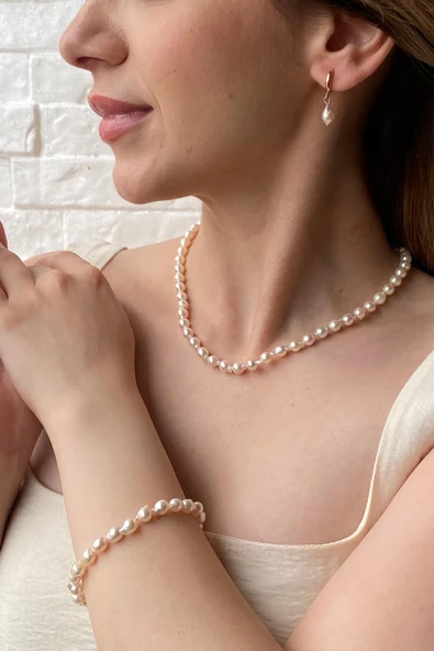 8,5 mm Damla Barok İnci Kolye Bileklik Küpe Üçlü Set