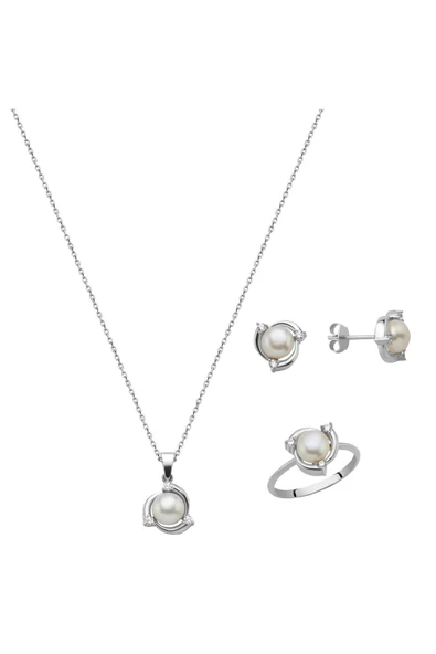 6,5 mm Zirkon Taşlı Doğal İnci Küpe Kolye Yüzük Üçlü Set - 7