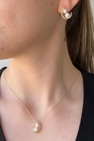 6,5 mm Çift Doğal İncili Küpe Kolye İkili Set