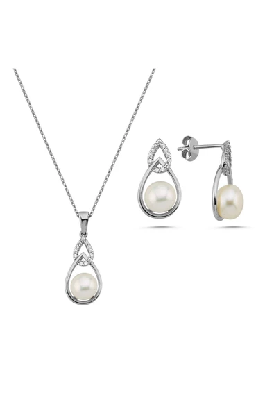 6,5 mm Zirkon Taşlı Damla İçinde Doğal İnci Küpe Kolye İkili Set - 7