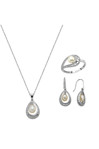 6,5 mm Doğal İncili Küpe Kolye Yüzük Üçlü Set - 10