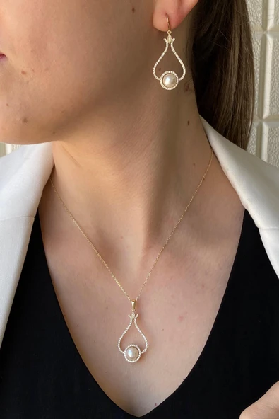 6,5 mm Lale Taşlı Doğal İnci Küpe Kolye İkili Set