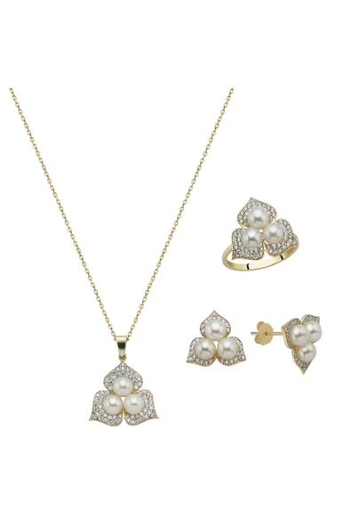 5 mm Zirkon Taşlı Doğal İncili Küpe Kolye Yüzük Üçlü Set - 4