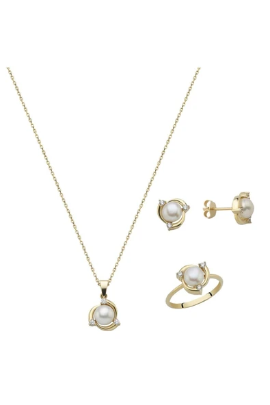 6,5 mm Zirkon Taşlı Doğal İnci Küpe Kolye Yüzük Üçlü Set - 5