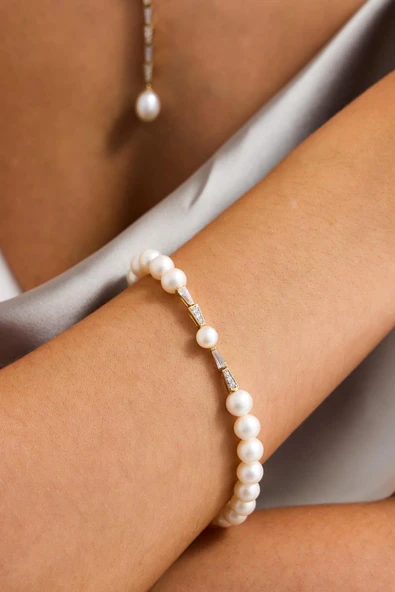 6,5 mm Baget Zirkon Taşlı Doğal İnci Küpe Kolye Bileklik Yüzük Dörtlü Set - 3