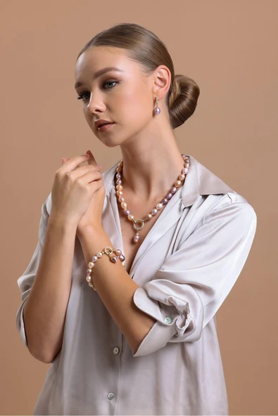 10,5 mm Halka Kilitli Multicolor Barok Doğal İnci Küpe Kolye Bileklik Üçlü Set - 2