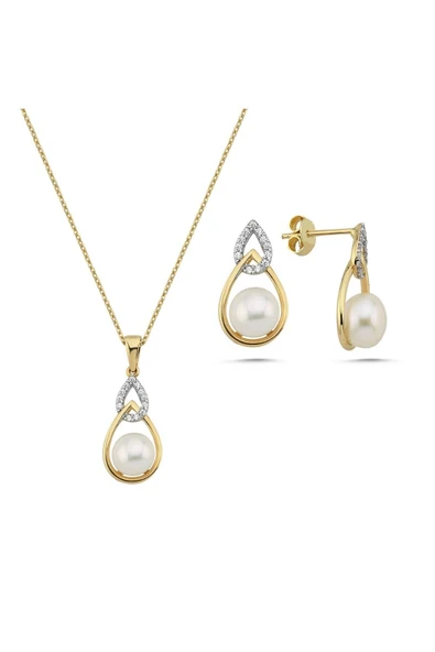 6,5 mm Zirkon Taşlı Damla İçinde Doğal İnci Küpe Kolye İkili Set - 8