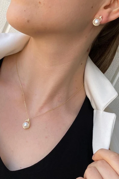 6,5 mm Damla Doğal İnci Küpe Kolye İkili Set - 4