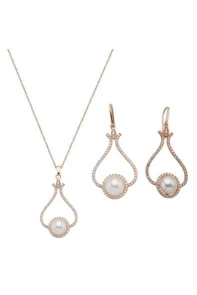 6,5 mm Lale Taşlı Doğal İnci Küpe Kolye İkili Set - 6