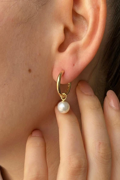 Kadın Büyük Halkalı 8,5 mm Sallantılı Doğal İnci Küpe - 4