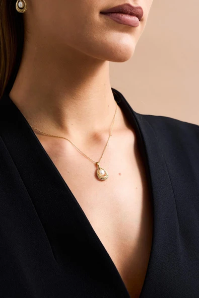 6,5 mm Doğal İncili Küpe Kolye Yüzük Üçlü Set - 3