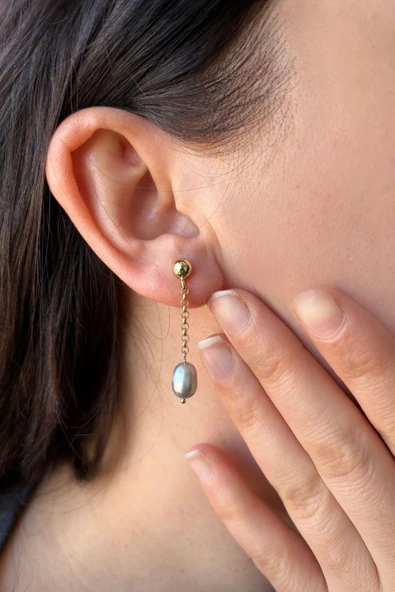 9,5 mm Doğal Barok İncili Zincir Küpe - Resim 2