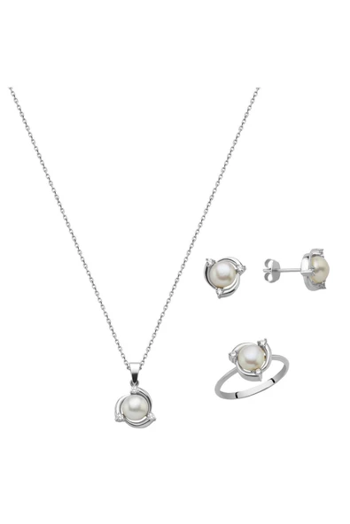 6,5 mm Zirkon Taşlı Doğal İnci Küpe Kolye Yüzük Üçlü Set - 10
