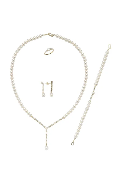 6,5 mm Baget Zirkon Taşlı Doğal İnci Küpe Kolye Bileklik Yüzük Dörtlü Set - 8