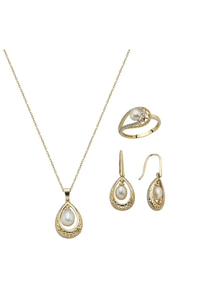 6,5 mm Doğal İncili Küpe Kolye Yüzük Üçlü Set - 8