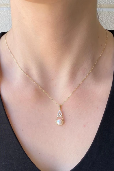 6,5 mm Zirkon Taşlı Damla İçinde Doğal İnci Kolye - Resim 2