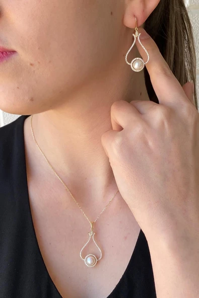 6,5 mm Lale Taşlı Doğal İnci Küpe Kolye İkili Set - 2