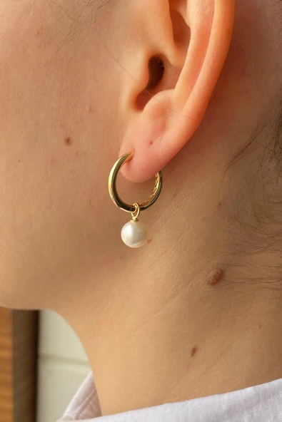 Kadın Büyük Halkalı 8,5 mm Sallantılı Doğal İnci Küpe - 2