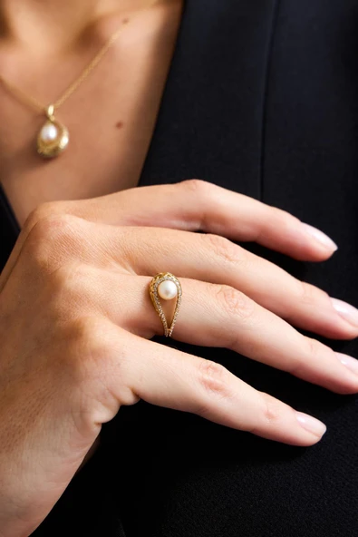 6,5 mm Doğal İncili Küpe Kolye Yüzük Üçlü Set - 4