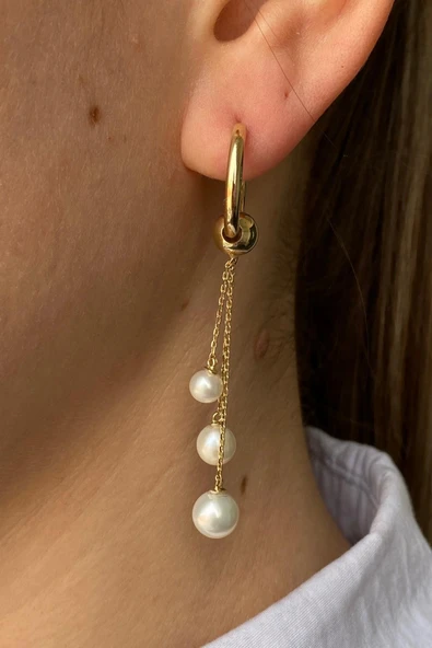 7,5 mm Büyük Halka Doğal İnci Sallantılı Küpe - 2