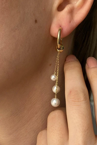 7,5 mm Büyük Halka Doğal İnci Sallantılı Küpe - 3