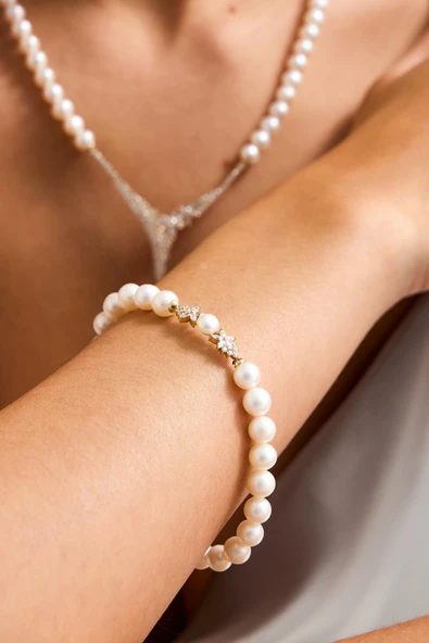 6,5 mm Zirkon Taşlı Doğal İnci Küpe Kolye Bileklik Yüzük Dörtlü Set - 4