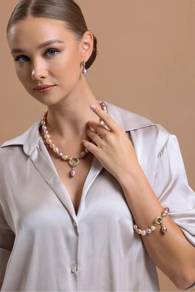 10,5 mm Halka Kilitli Multicolor Barok Doğal İnci Küpe Kolye Bileklik Üçlü Set - 3