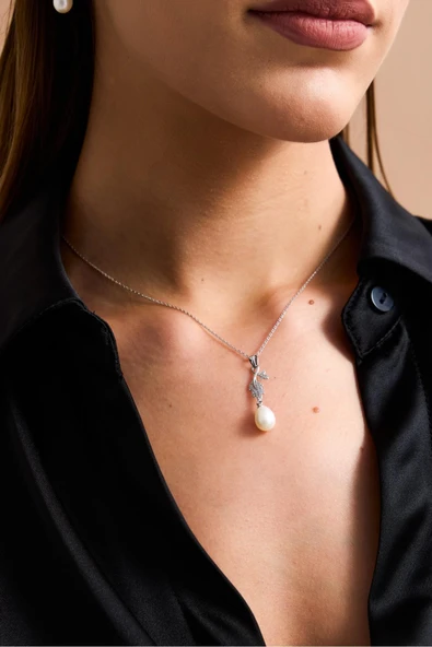 8,5 mm Yaprak Taşlı Doğal İnci Sallantılı Kolye - Resim 8