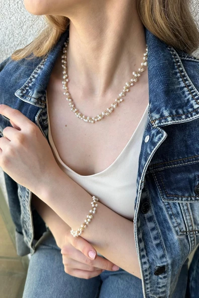 4,5 mm Sallantılı Doğal İnci Kolye Bileklik İkili Set