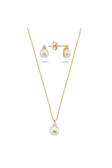 8,5 mm Doğal İnci 2,28 Karat Pırlantalı Küpe Kolye İkili Set - 6