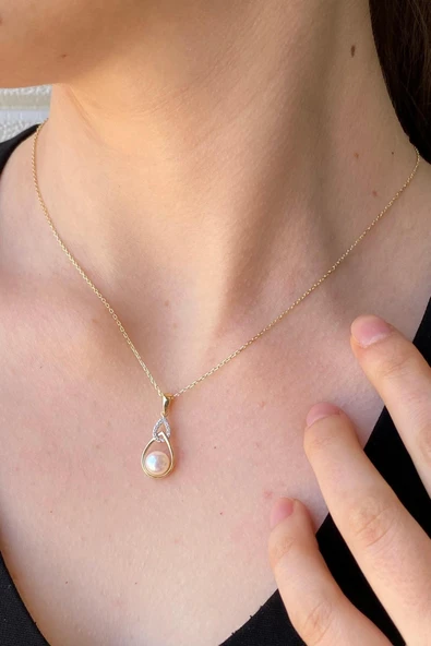 6,5 mm Zirkon Taşlı Damla İçinde Doğal İnci Küpe Kolye İkili Set - 3