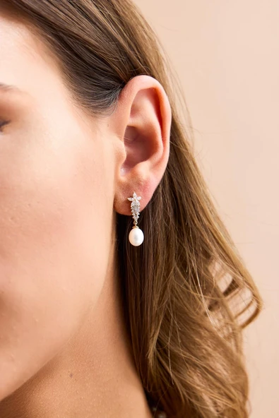 6,5 mm Zirkon Taşlı Doğal İnci Küpe ürün görseli 1