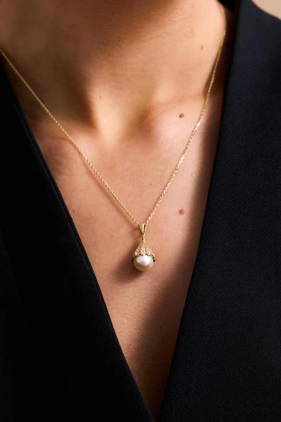 9,5 mm Ampul Modelli Doğal İncili Küpe Kolye Yüzük Üçlü Set - 2