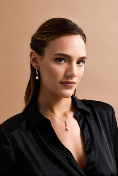 8,5 mm Yaprak Taşlı Doğal İnci Sallantılı Kolye - Resim 3