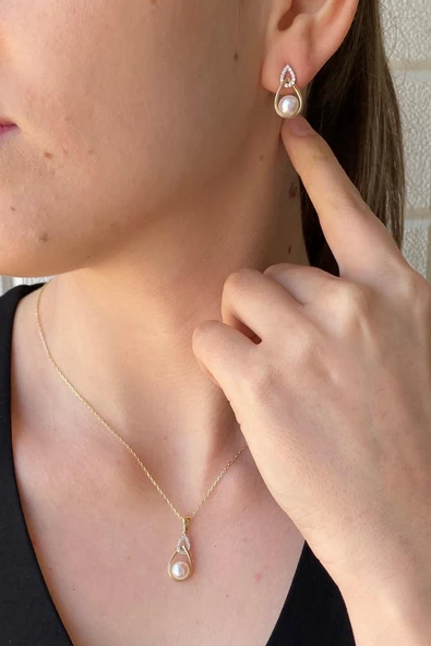 6,5 mm Zirkon Taşlı Damla İçinde Doğal İnci Küpe Kolye İkili Set - 4