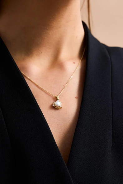 6,5 mm Zirkon Taşlı Doğal İnci Küpe Kolye Yüzük Üçlü Set - 2