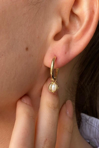 6,5 mm Büyük Halkalı Doğal İnci Küpe - 4