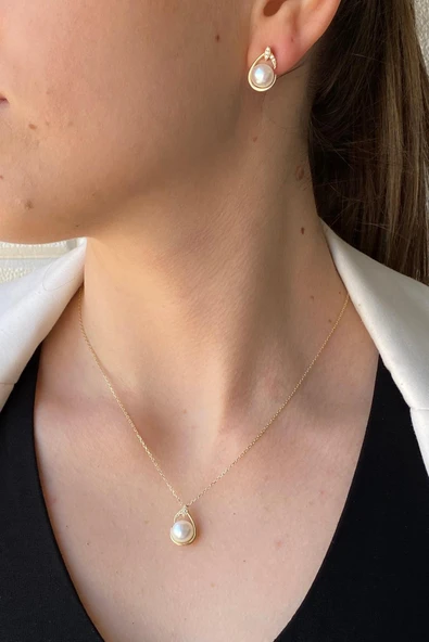 6,5 mm Damla Doğal İnci Küpe Kolye İkili Set