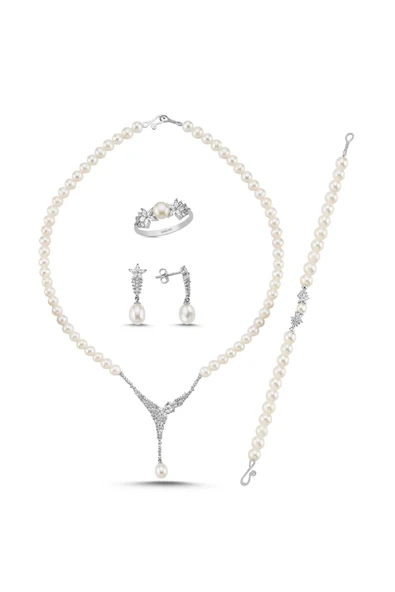 6,5 mm Zirkon Taşlı Doğal İnci Küpe Kolye Bileklik Yüzük Dörtlü Set - 7