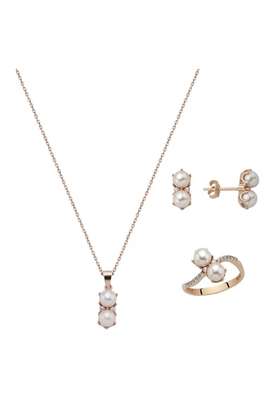 5,5 mm İkili İnci Küpe Kolye Yüzük Üçlü Set - 8