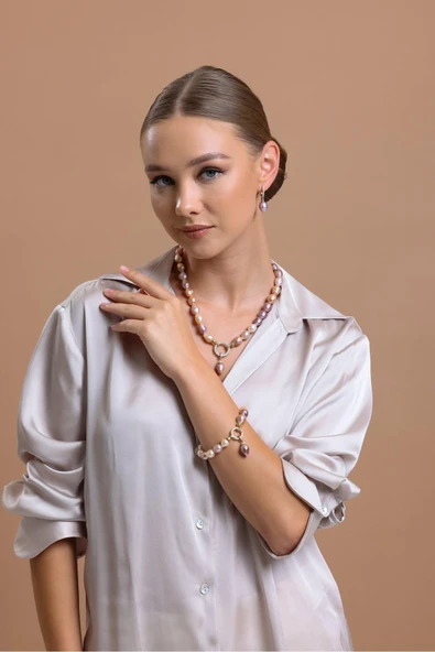 10,5 mm Halka Kilitli Multicolor Barok Doğal İnci Küpe Kolye Bileklik Üçlü Set