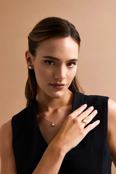 6,5 mm Zirkon Taşlı Doğal İnci Küpe Kolye Yüzük Üçlü Set