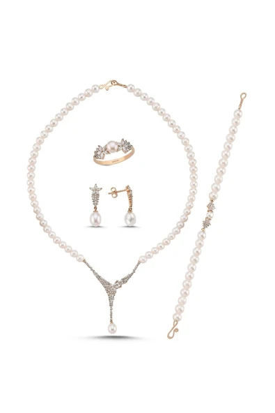 6,5 mm Zirkon Taşlı Doğal İnci Küpe Kolye Bileklik Yüzük Dörtlü Set - 9