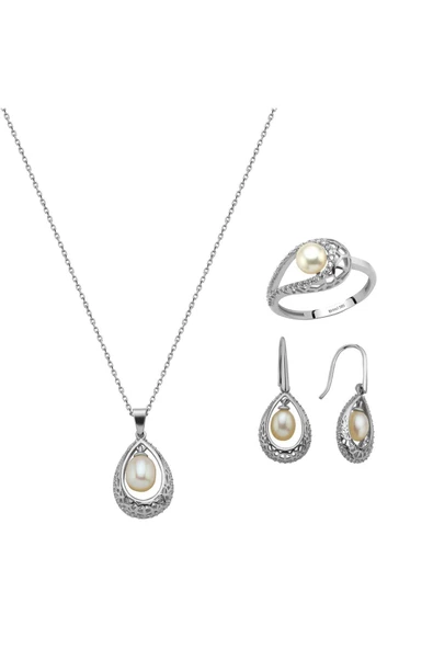 6,5 mm Doğal İncili Küpe Kolye Yüzük Üçlü Set - 7