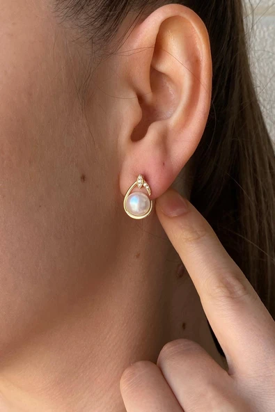 6,5 mm Zirkon Taşlı Doğal İnci Küpe - Resim 2