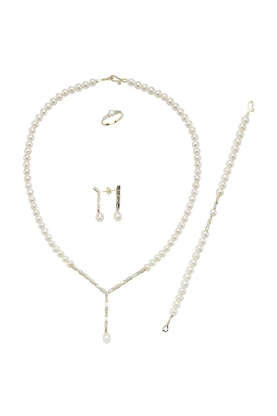 6,5 mm Baget Zirkon Taşlı Doğal İnci Küpe Kolye Bileklik Yüzük Dörtlü Set - 5